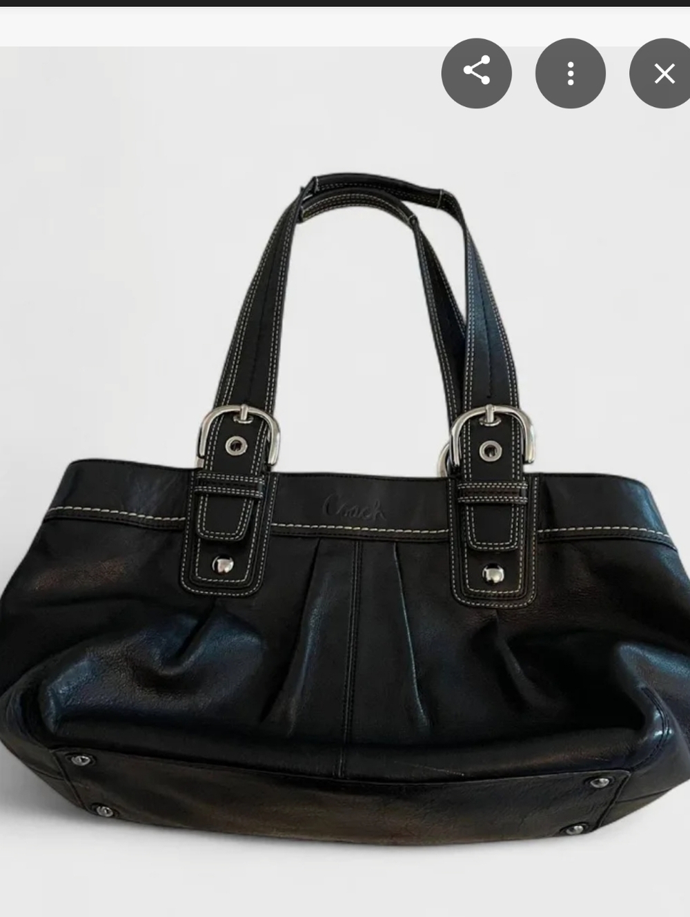 Coach Large  Black Leather Pleated Shoulder Bag with Silver Buckle Accents 15×11